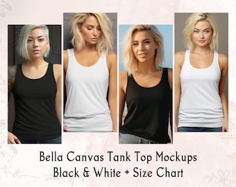 May include: Four women modelling tank tops, two black and two white, to showcase the Bella Canvas tank top mockups. Black & White + Size Chart.