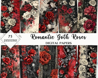 Romantic Goth Roses Digital Paper Bundle, Gothic Digital Pattern, Seamless Scrapbook Paper, Vintage Digital Pack, Commercial Use Wallpaper