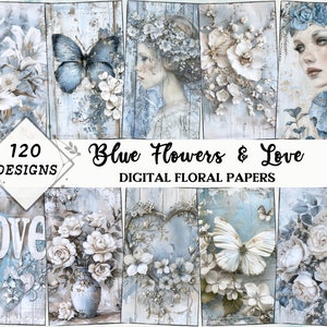 Pacchetto di diario spazzatura blu con fiori e amore / diario spazzatura stampabile con fiori / carta per album / romantico / femminile / elegante / classico vintage