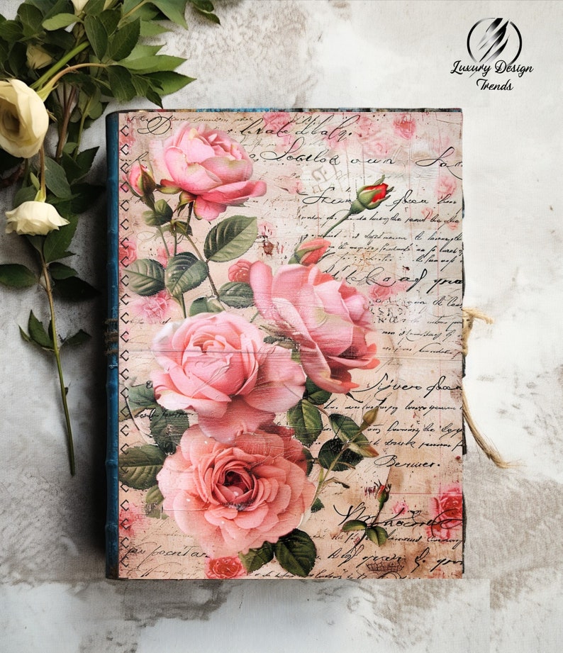 Roses and Script Scrappy Papers, Shabby Junk Journal Pages, Vintage ...