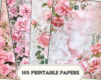 Shabby Blush Pink Scrappy Papers, Junk Journal-sidor, Vintage blommönster, bakgrund, utskrivbara DIY-pyssel, kommersiellt bruk, digital nedladdning