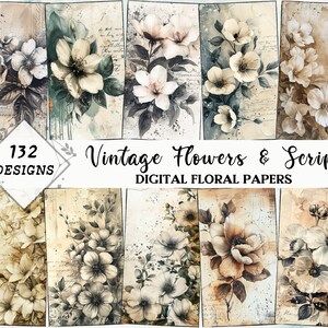 Paquete de papel digital Vintage Flowers & Script / Patrones versátiles sepia sin costuras / HQ Timeworn Sublimation JPEG / DIY Descarga digital