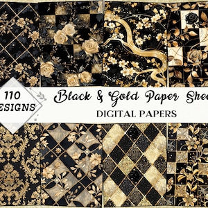 Lot de papier numérique noir et or | Motifs classiques, floraux abstraits, damassés | Diamants élégants, rayures, feuilles A4 effet vieilli, créations DIY