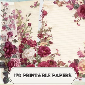 Pacchetto di pagine di diario a righe vuote - Carte da scrittura floreali bordeaux - Rose shabby stampabili - Fogli di decoupage - Libro di fiori rossi vintage