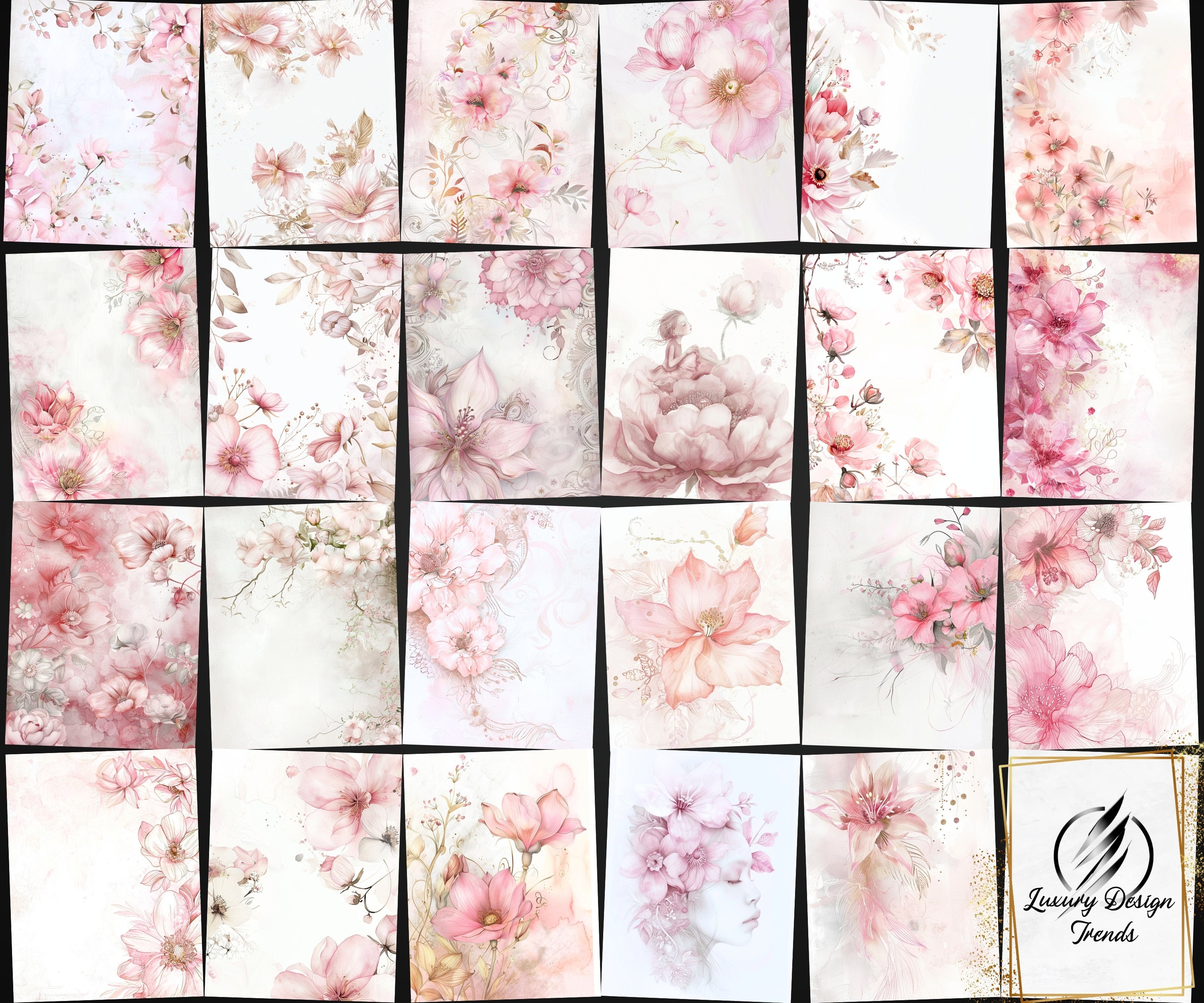 Boho Pink Floral Digital Paper Bundle | Watercolor Scrapbook Pages | A4 ...