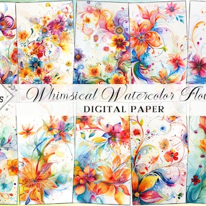 Whimsical Flowers Digital Paper | Commercial Use | Watercolor Flower Backgrounds | Printable Paper Set | Scrapbooking Paper | Crafts | Diy
