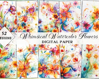 Whimsical Flowers Digital Paper | Commercial Use | Watercolor Flower Backgrounds | Printable Paper Set | Scrapbooking Paper | Crafts | Diy