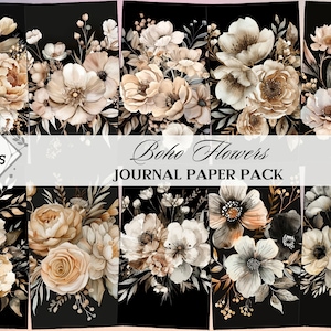 Boho bloemen digitaal papier, abstracte boho bruiloft plakboek papier wordt afgedrukt, aquarel boho chic op zwarte achtergrond, digitale download