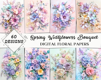 Flowers Junk Journal Pages, Spring & Summer Wildflowers Bouquet, Floral Scrapbooking Kit, Printable Paper, Digital Collage Sheet, DIY Crafts