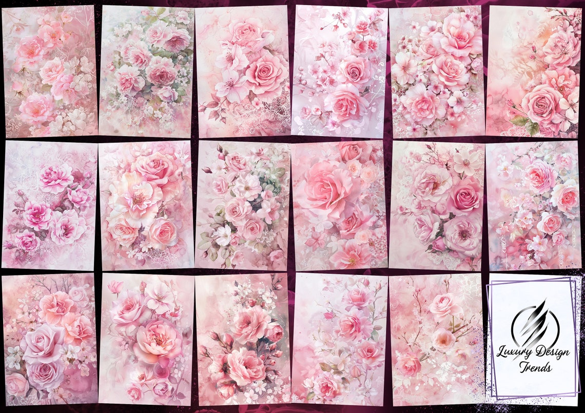 Pastel Pink Floral Digital Paper - Blush Rose Watercolor Scrapbook ...