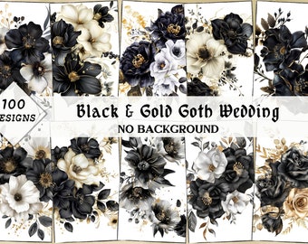 Goth Wedding Flowers - 100 ClipArt, Commercial Use, Black & Gold Floral Wedding Elements Bundle, PNG, SVG, Transparent Background, DIY Craft