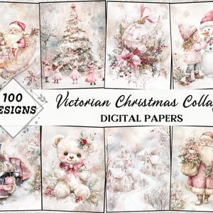 Viktorianische Weihnachtscollage Pink Weihnachtsbild Collage Digitale Papiere | Druckbare Karten ATC | Festliche glückliche Weihnachten Decoupage | Junk Journals & Scrapbooking