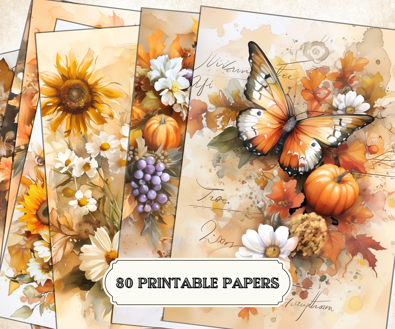 Vintage Autumn Junk Journal Pages Bundle | Butterflies, Pumpkin, Grapes ...