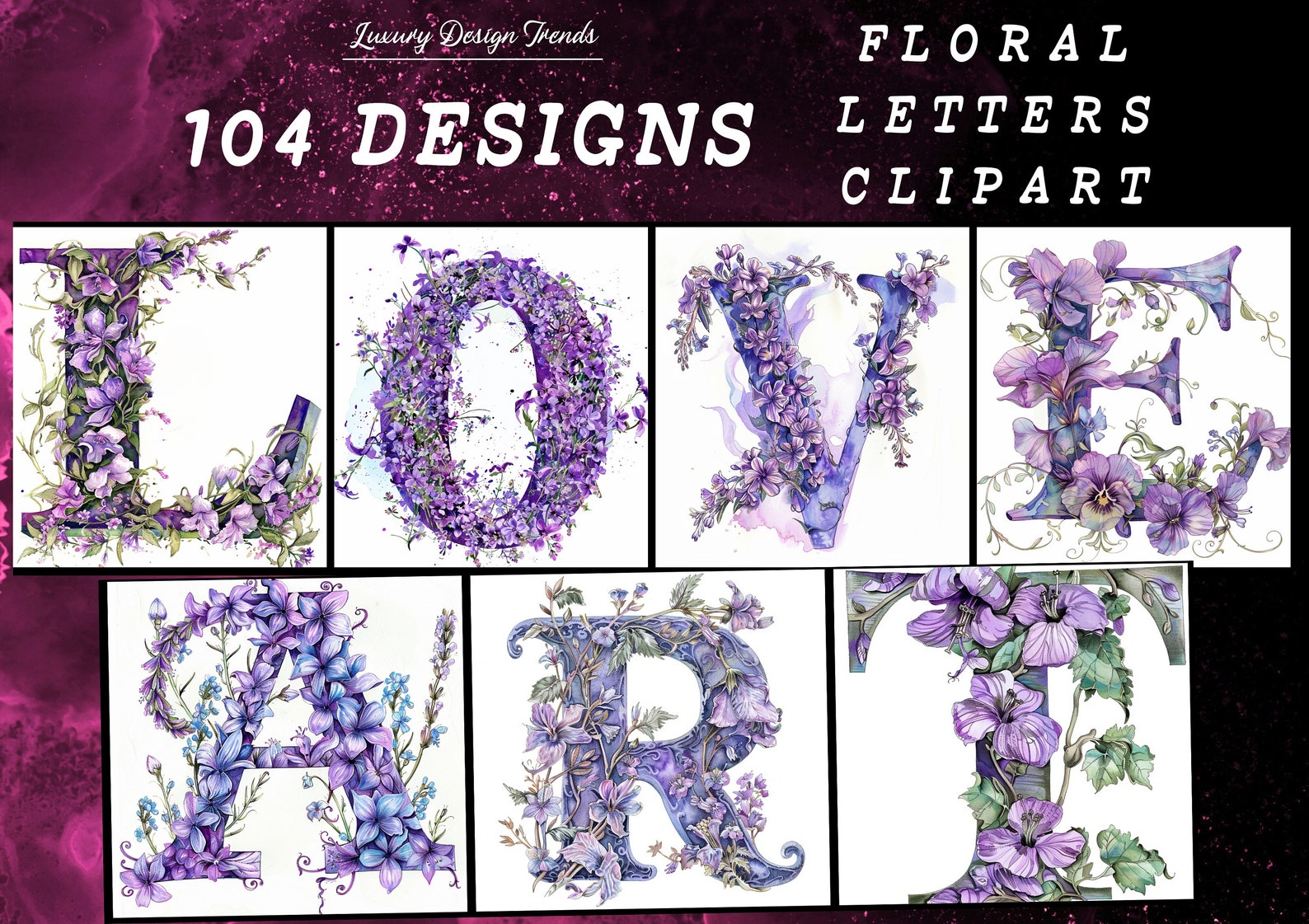 104 PNG, Watercolor Floral Alphabet Collection Clipart, Purple Alphabet ...