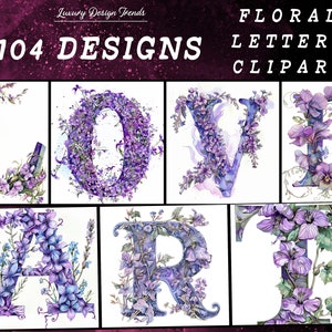PNG 104, Clipart Collection aquarelle Alphabet floral, Clipart Alphabet violet, bébé étape importante Clipart, lot de fleurs, usage Commercial