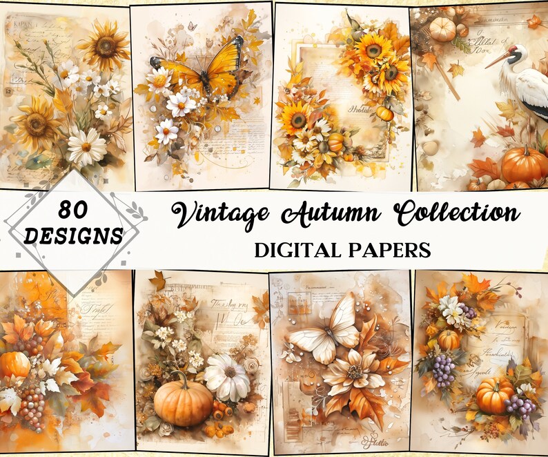 Vintage Autumn Junk Journal Pages Bundle | Butterflies, Pumpkin, Grapes ...