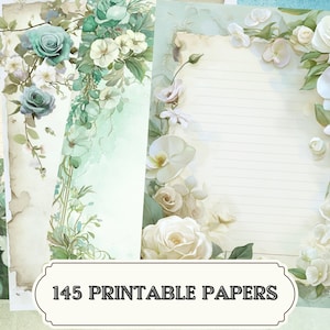 Pacchetto di pagine di diario a righe vuote - Rose verdi shabby stampabili - Bellissimi fogli di collage vintage - Carte da scrittura salvia per diari spazzatura