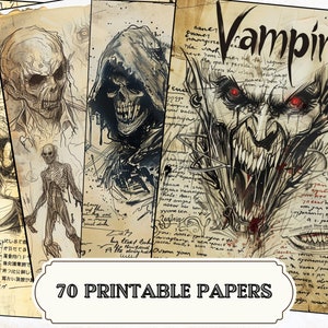 Pages vintage de journal de monstre d'Halloween | 70 légendes urbaines et feuilles d'écriture manuscrite | vampire, sorcière, loup-garou | Lot numérique imprimable