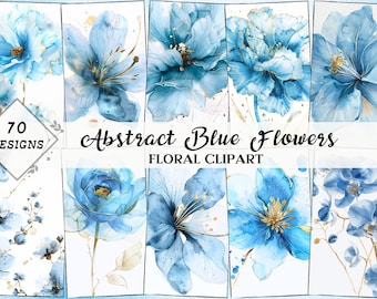 May include: 70 abstract blue watercolor flower clipart designs. The flowers are painted in shades of blue with gold accents. The background is white.