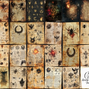 May include: A collage of 25 vintage-style parchment pages with various occult and mystical symbols, illustrations, and handwritten text. The pages feature images of spiders, skulls, pentagrams, and other esoteric imagery.
