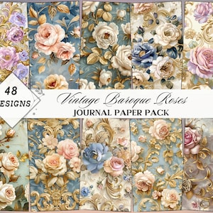 Papéis de diário de rosas barrocas vintage - impressões digitais para diários indesejados, criação de cartões, coisas efêmeras, adesivos, ATCs, artesanato DIY, artesanato DIY