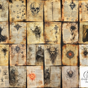 May include: A collection of 18 digital printable images featuring various spooky and gothic illustrations. The images are in black and white and have a vintage, aged paper texture. The illustrations include a skull, a spider, a tree, a skeleton, a flower, and a demon.