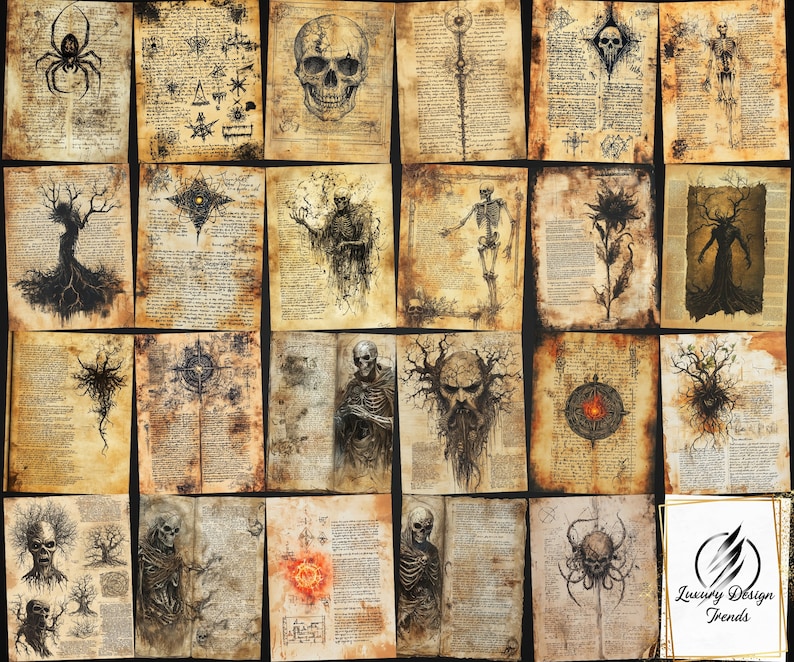 May include: A collection of 18 digital printable images featuring various spooky and gothic illustrations. The images are in black and white and have a vintage, aged paper texture. The illustrations include a skull, a spider, a tree, a skeleton, a flower, and a demon.