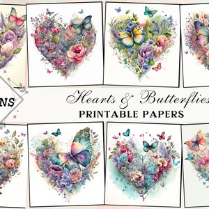 Imágenes prediseñadas de corazones y mariposas de acuarela e impresiones de paquetes de artesanía - Collage de arte de acuarela floral original, tarjetas - Descarga instantánea