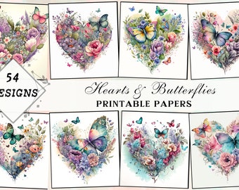 Watercolor Hearts and Butterflies Clipart and Crafting Bundle Prints - Original Floral Watercolor Art Collage, Cards - Instant Download
