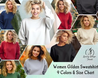 Puede incluir: Un collage de nueve fotos que muestran una variedad de colores de una sudadera Gildan. La sudadera está disponible en blanco, negro, rojo, azul marino, beige, gris, verde y dos tonos de rojo. El texto "Women Gildan Sweatshirt 9 Colors & Size Chart" está en la parte inferior del collage.