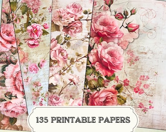 Rosor och manus scrappy-papper, shabby skräpjournalsidor, vintage blommig scrapbooking, bakgrund, rosa, gör-det-själv-pyssel, utskrivbara, digital nedladdning