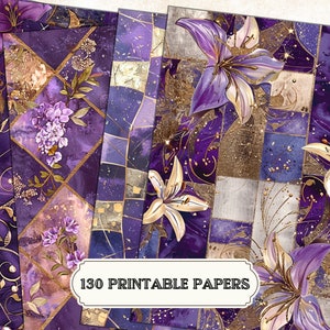 Paquete de papel digital púrpura y dorado / Patrones de damasco floral clásicos y abstractos / Diamantes elegantes, hojas A4 desgastadas, estampados bonitos