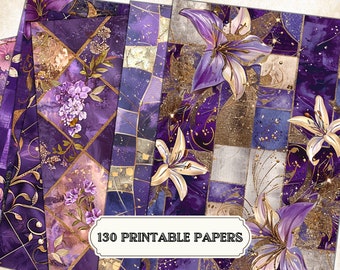 May include: A set of 130 printable digital papers featuring a purple and gold checkered pattern with floral accents. The papers are perfect for scrapbooking, card making, and other crafting projects.
