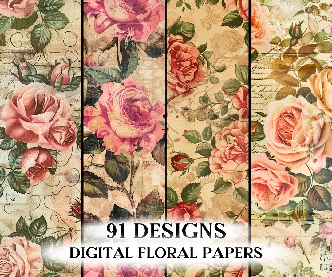 Design Paper Sheets Roses Vintage Roses Digital Paper Bundle, Shabby Chic Digital Pack, Scrapbook ...