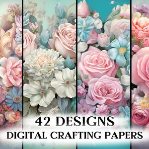 Elegantes impresiones de flores y corazones - Manualidades, diarios, coleccionismo de arte - Fondo floral y amoroso - Descarga digital - Original, JPG de alta calidad