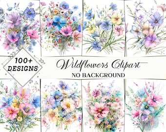 Paquete de imágenes prediseñadas de flores silvestres de acuarela, conjunto de imágenes prediseñadas florales, flores silvestres de primavera y verano PNG, arreglo de ramo de flores silvestres, flores SVG y JPG