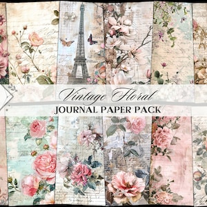 May include: Vintage floral journal paper pack with a variety of designs featuring pink flowers, handwritten text, and a Parisian Eiffel Tower.