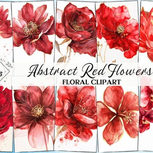 65 abstracte bloemen clipart, rode & gouden bloemen afdrukbare aquarel clipart, hoge kwaliteit PNG, SVG, digitale download, DIY papier ambachten