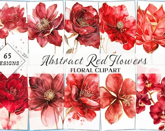 65 Abstract Flowers Clipart, Red & Gold Floral Printable Watercolor Clipart, High Quality PNG, SVG, Digital Download, DIY Paper Crafts