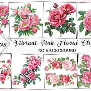 Lebendige rosa Blumen-Cliparts, heiße rosa Blumen PNG, lebendige Blüten, errötende Blumen-Hochzeits-Cliparts, Aquarell-Blumen-Cliparts, Pfingstrosen und Rosen