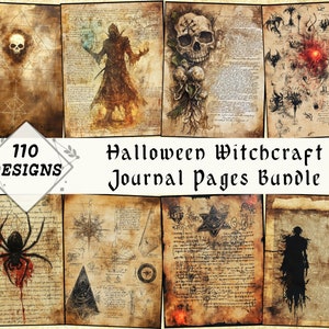 May include: A collage of 110 vintage-style Halloween witchcraft journal pages. The pages feature various illustrations, including a skull, a spider, a pentagram, and a hooded figure. The text on the pages is in a faux-medieval script.