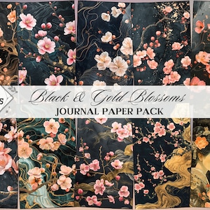 Paquete de papel digital de flores de primavera con acento negro y dorado de estilo japonés - Papeles de álbum de recortes, impresiones digitales florales, bricolaje, uso comercial