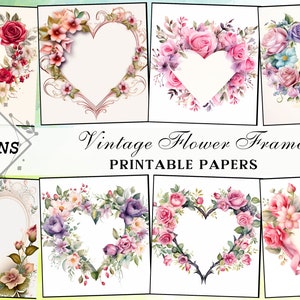 Aquarelles coeurs de fleurs - Clipart et papiers imprimables - cadres floraux vintage pour cartes et travaux manuels - téléchargement immédiat