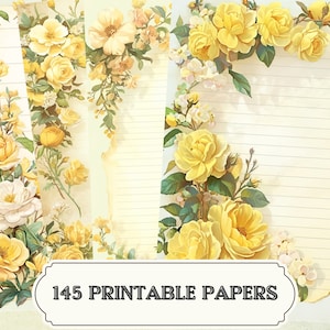Pacchetto di pagine di diario a righe vuote - Carte da scrittura floreali gialle - Rose shabby stampabili - Fogli di decoupage - Libro di fiori pastello vintage