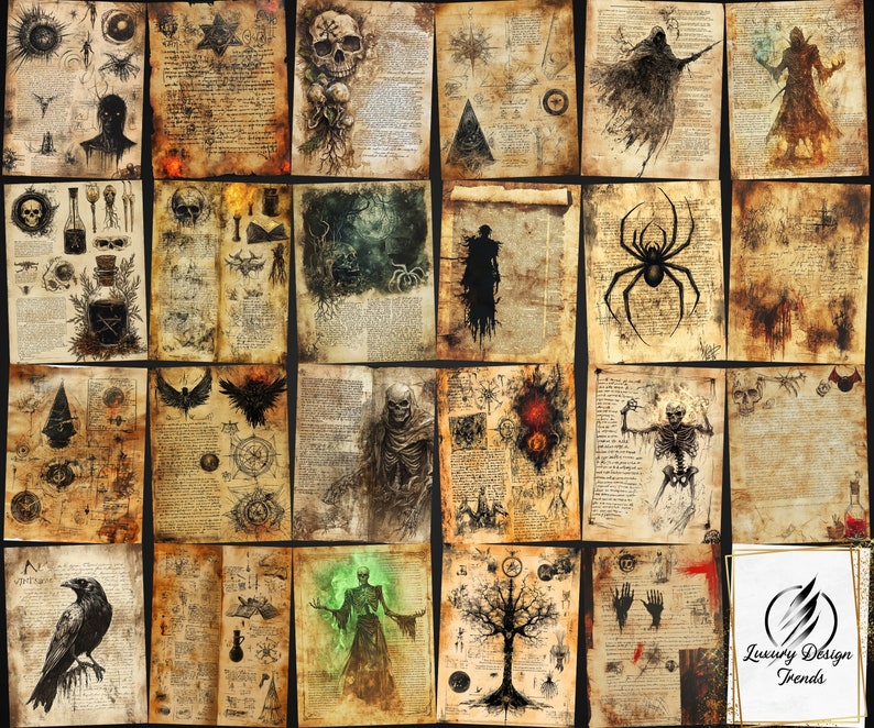 May include: A collage of 24 vintage-style images featuring various dark and spooky illustrations. The images include skeletons, spiders, skulls, and other gothic elements. The images are printed on a parchment-like background with a distressed, aged look.