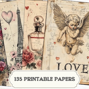 Páginas de diario de amor vintage para el día de San Valentín / Hojas románticas imprimibles / Pociones de amor, flores y efímeras de corazón / Paquete de álbumes de recortes digitales