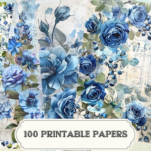 Big Bundle Vintage Blue Scrappy Papers, Shabby Floral Junk Journal Pages, Backing, Printable DIY Crafts, Digital Download, Commercial Use