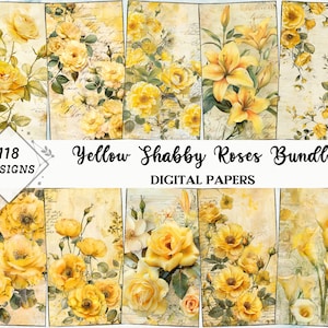 Pacchetto di carte scrapbooking con rose shabby - Pagine di diario spazzatura floreale giallo vintage - Stampa di carta di supporto - Artigianato fai da te - Uso commerciale - Digitale