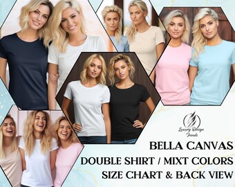 Doppeltes Shirt Mockup, Bella Canvas 3001 Mockup Bundle für Frauen, Größentabelle, Freund Shirt Mock, Braut und Brautjungfer Mockup