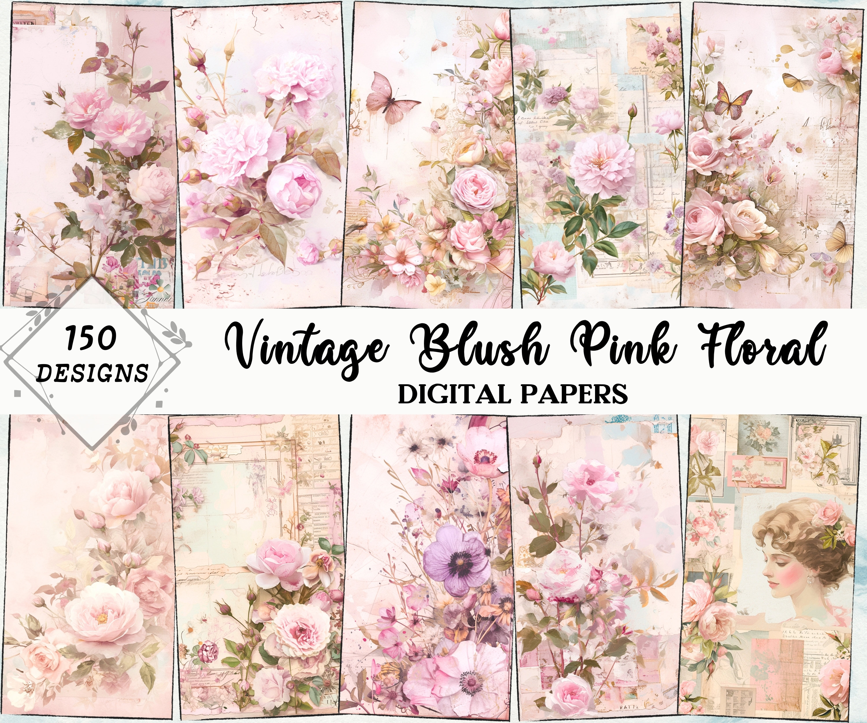 Big Bundle Vintage Blush Pink Scrappy Papers, Junk Journal, Pages, Floral, Vintage, Shabby, Backing, DIY Crafts, Printable, Digital Download